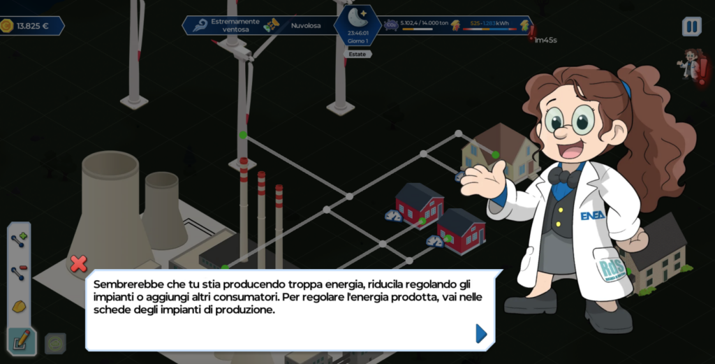 Gameplay dell'advergame Master Grid dove la mascotte ricercatrice spiega: Sembrerebbe che tu stia producendo troppa energia, riducila regolando gli impianti o aggiungi altri consumatori. Per regolare l'energia prodotto, vai nelle schede degli impianti di produzione.