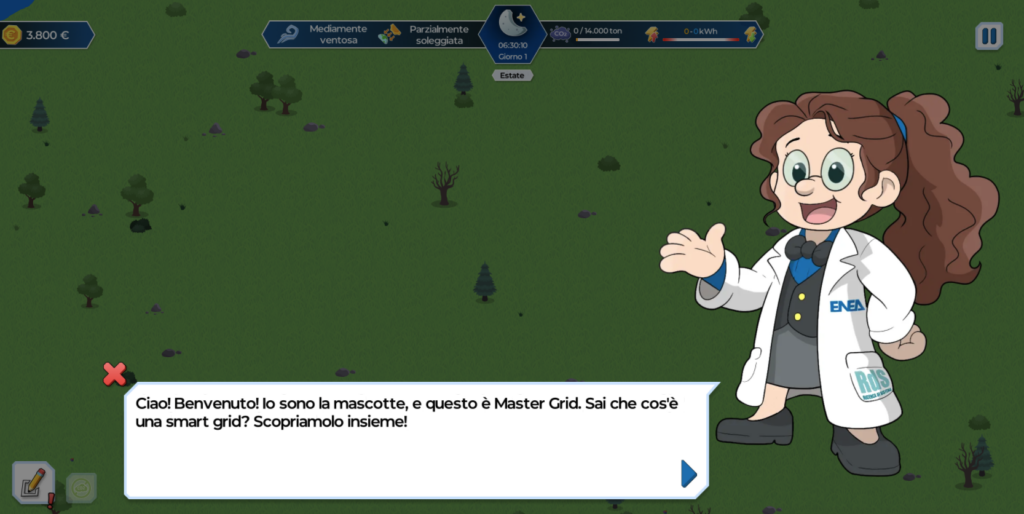 Gameplay dell'advergame Master Grid dove la mascotte ricercatrice spiega: Ciao! Benvenuto! Io sono la mascotte, e questo è Master Grid. Sai che cos'è una smart grid? Scopriamolo insieme!