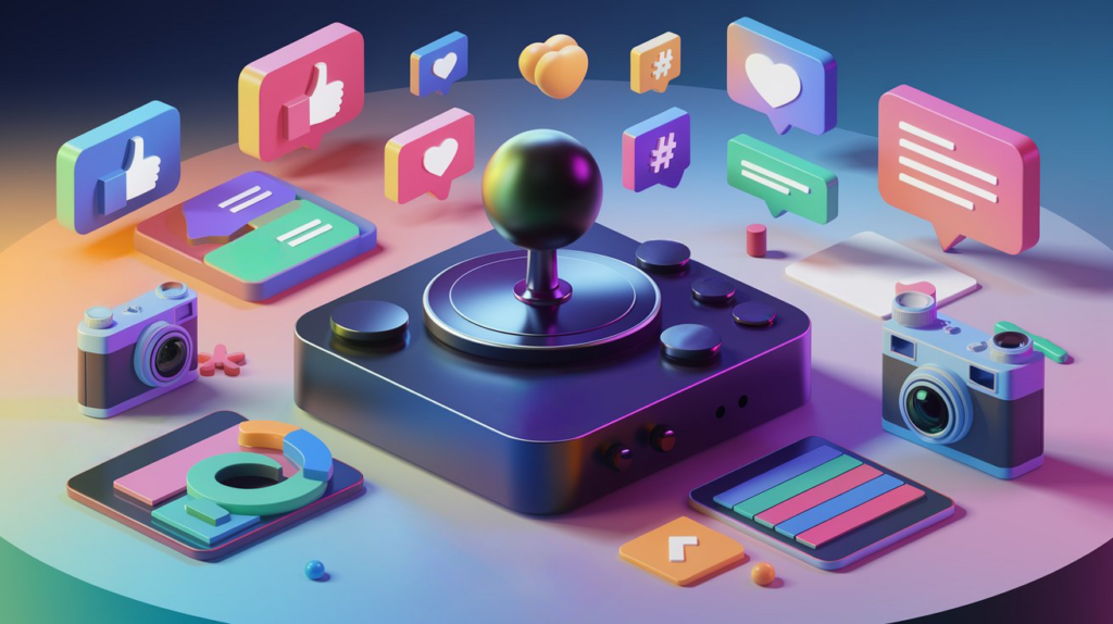 Un joystick centrale circondato da icone 3D che rappresentano elementi di marketing e social media come cuori, likes, commenti, hashtags ed altri elementi quali fotocamera e grafici.