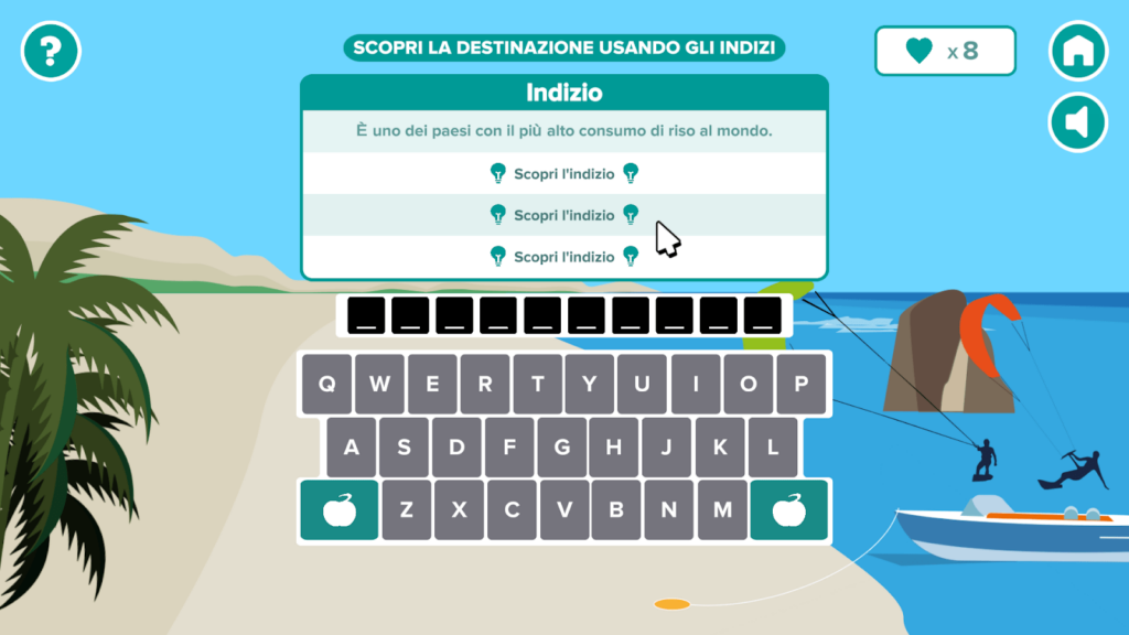 Screenshot di gameplay del gioco Guess Your Holiday. Scopri la destinazione usando gli indizi. Indizio. è uno dei paesi con il più alto consumo di riso al mondo.
scopri l'indizio.