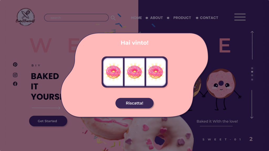 Screenshot di un pop-up video game per ecommerce "slot machine" con scritto "Hai vinto" e "riscatta"